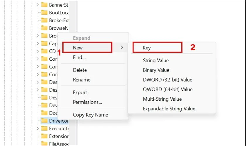 K&iacute;ch chuột phải v&agrave;o kh&oacute;a DriveIcons ở khung b&ecirc;n tr&aacute;i, chọn New, chọn Key