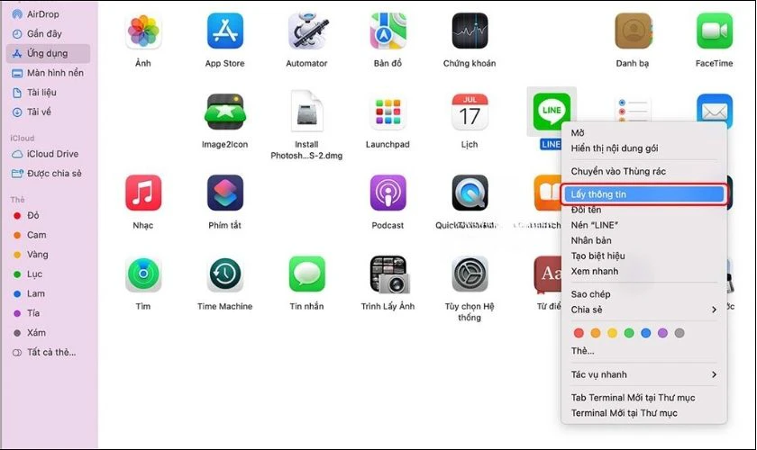 Nhấn chuột phải v&agrave;o ứng dụng m&agrave; bạn muốn đổi icon, chọn Get Info