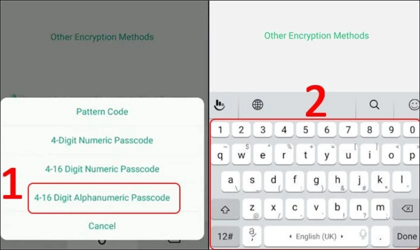 Chọn 4-16 Digit Alphanumeric Passcode để đặt mật khẩu gồm chữ v&agrave; số