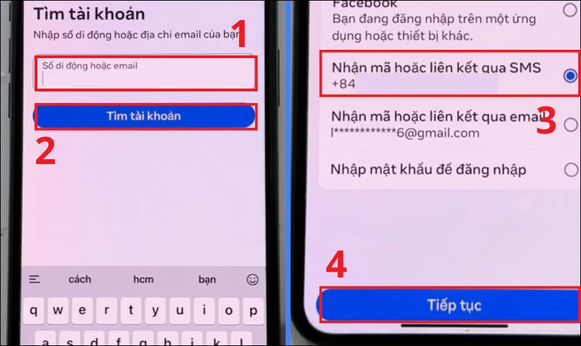 Chọn gửi mã qua email hoặc SMS, rồi nhấn Tiếp tục