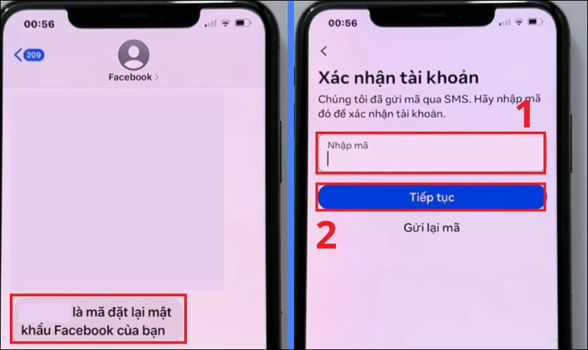 Nhập mã xác nhận từ Gmail hoặc từ tin nhắn vào ô yêu cầu, nhấn Tiếp tục