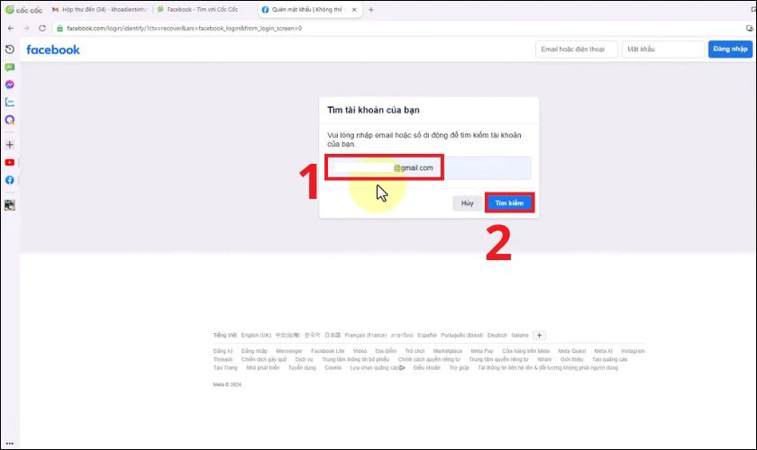 Điền số điện thoại hoặc email liên kết với tài khoản, sau đó nhấn Tìm kiếm