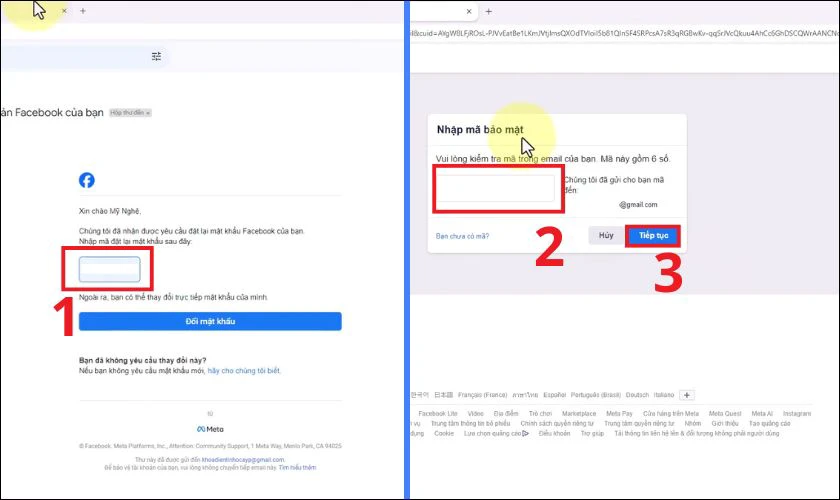 Kiểm tra Gmail hoặc tin nhắn, nhập mã nhận được vào ô, rồi nhấn Tiếp tục