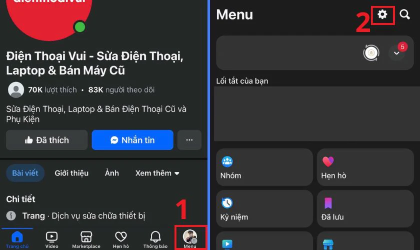 Nhấn vào Menu, sau đó nhấn vào bánh răng cài đặt