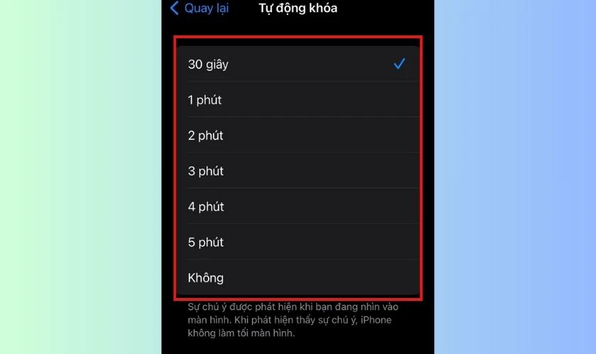  T&ugrave;y chọn thời gian kh&oacute;a mong muốn để ho&agrave;n th&agrave;nh c&agrave;i đặt thời gian kh&oacute;a m&agrave;n h&igrave;nh