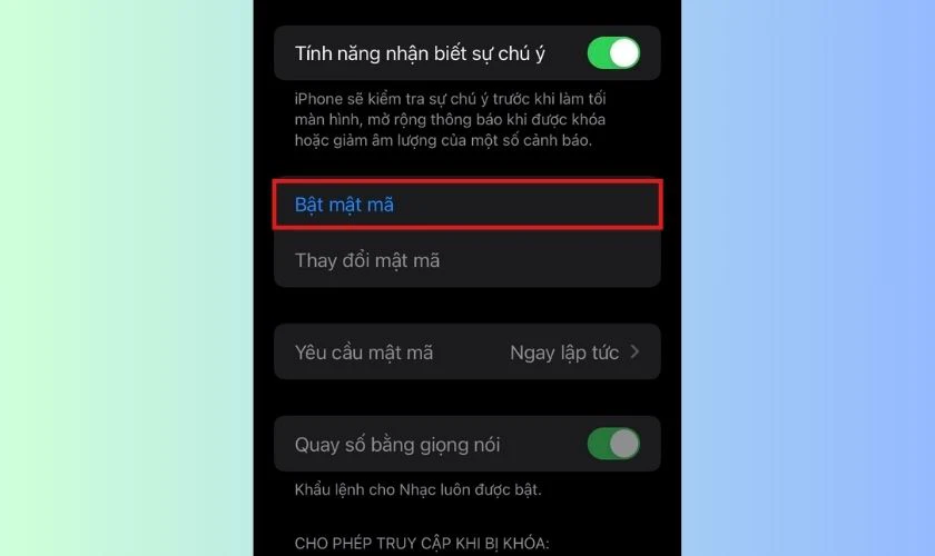Chọn Bật mật m&atilde;