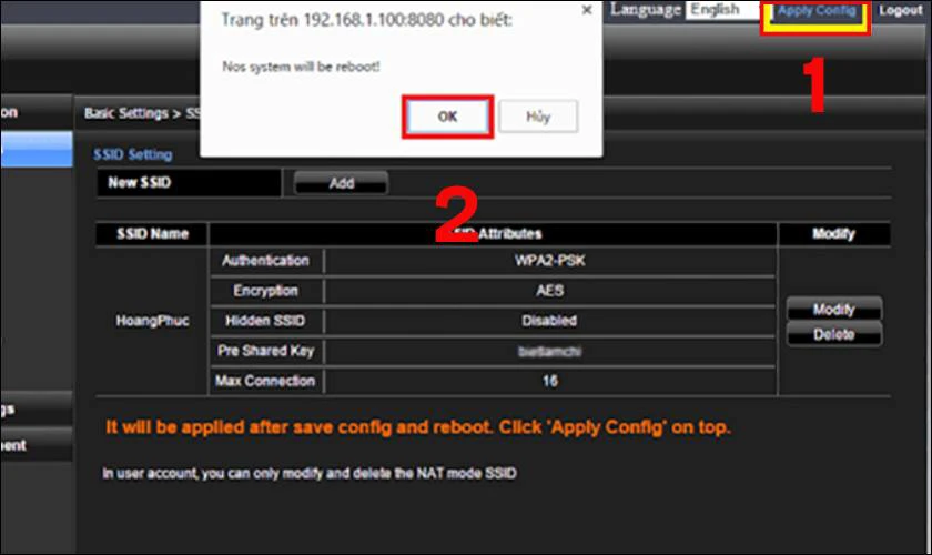 Cuối c&ugrave;ng bạn h&atilde;y nhấn Apply Config v&agrave; nhấn OK