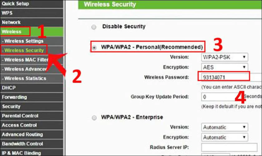 V&agrave;o mục Wireless v&agrave; chọn v&agrave;o mục Wireless Security