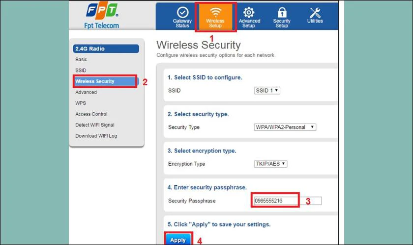 Tr&ecirc;n thanh c&ocirc;ng cụ, bạn h&atilde;y chọn Wireless Setup v&agrave; nhấn v&agrave;o mục Wireless Security