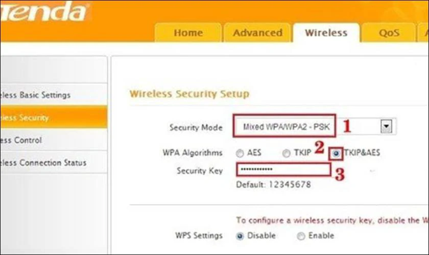 Cuối c&ugrave;ng bạn h&atilde;y chọn Wireless, nhấn v&agrave;o mục Wireless Security v&agrave; chọn TKIP&AES