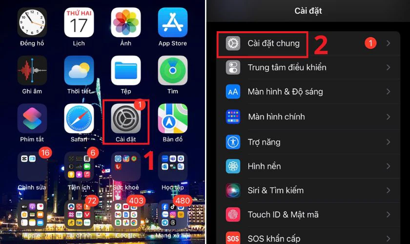 V&agrave;o ứng dụng C&agrave;i đặt tr&ecirc;n iPhone, chọn C&agrave;i đặt chung