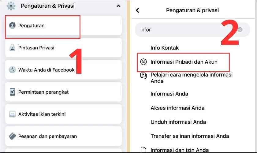 Chọn Pengaturan v&agrave; mục Informasi Pribadi
