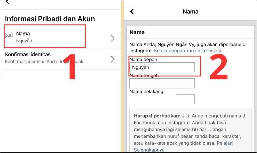 Chọn mục Nama (T&ecirc;n) để đổi t&ecirc;n Facebook 1 chữ tr&ecirc;n iPhone