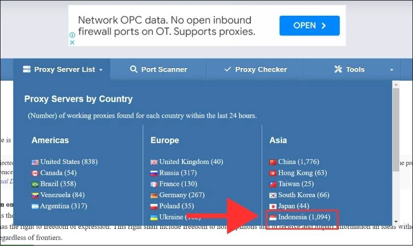 Chọn mục Indonesia tại c&ocirc;ng cụ Proxy Server List
