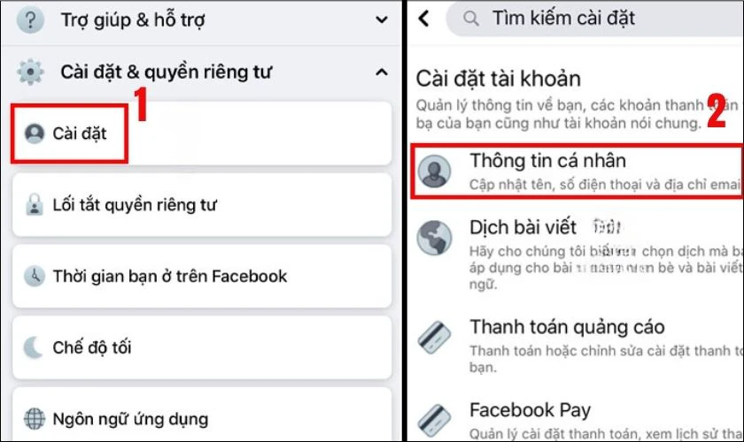 Trong mục C&agrave;i đặt, chọn Th&ocirc;ng tin c&aacute; nh&acirc;n