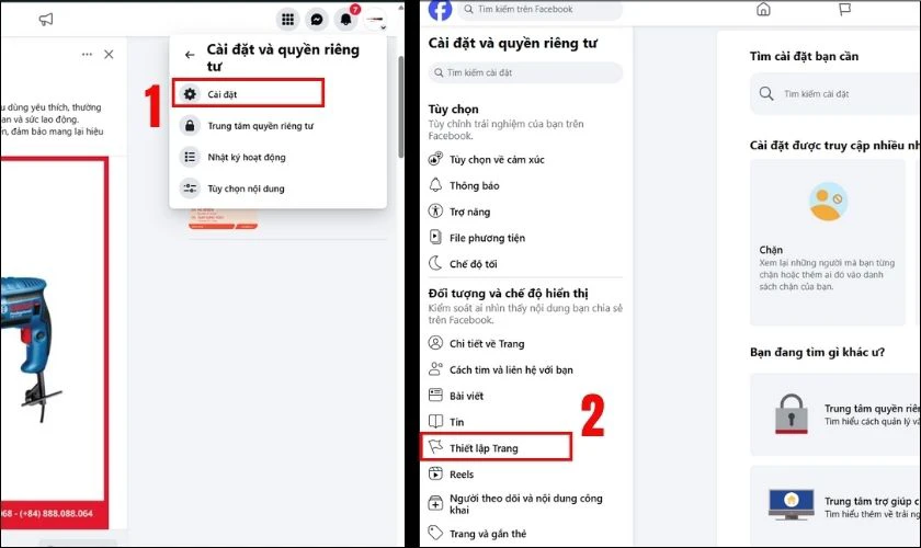 Nhấn v&agrave;o C&agrave;i đặt, chọn Thiết lập trang