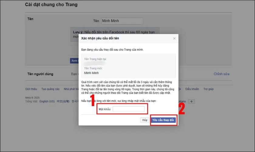 Nhập mật khẩu Facebook để x&aacute;c nhận, sau đ&oacute; nhấn Y&ecirc;u cầu thay đổi