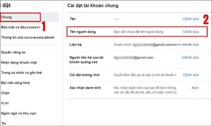 Chọn mục Chung, sau đ&oacute; nhấn v&agrave;o Chỉnh sửa trong phần T&ecirc;n người d&ugrave;ng
