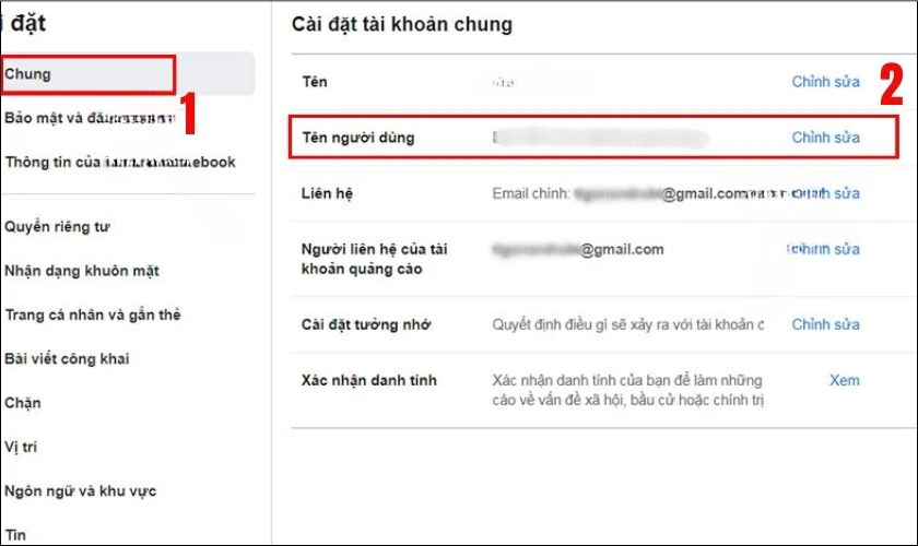 Chọn mục Chung, sau đ&oacute; t&igrave;m đến phần T&ecirc;n v&agrave; nhấn Chỉnh sửa