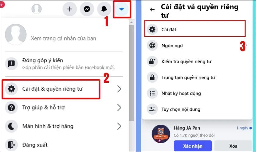 Chọn C&agrave;i đặt & quyền ri&ecirc;ng tư, sau đ&oacute; chọn C&agrave;i đặt