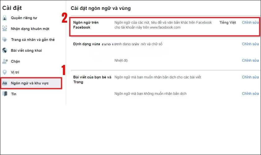 Chọn Ng&ocirc;n ngữ v&agrave; khu vực, sau đ&oacute; nhấn v&agrave;o Ng&ocirc;n ngữ tr&ecirc;n Facebook