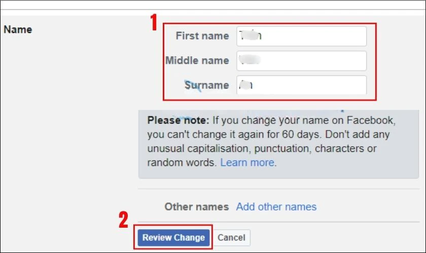 Nhập th&ocirc;ng tin v&agrave;o c&aacute;c &ocirc; First name, Middle name (nếu c&oacute;), v&agrave; Surname