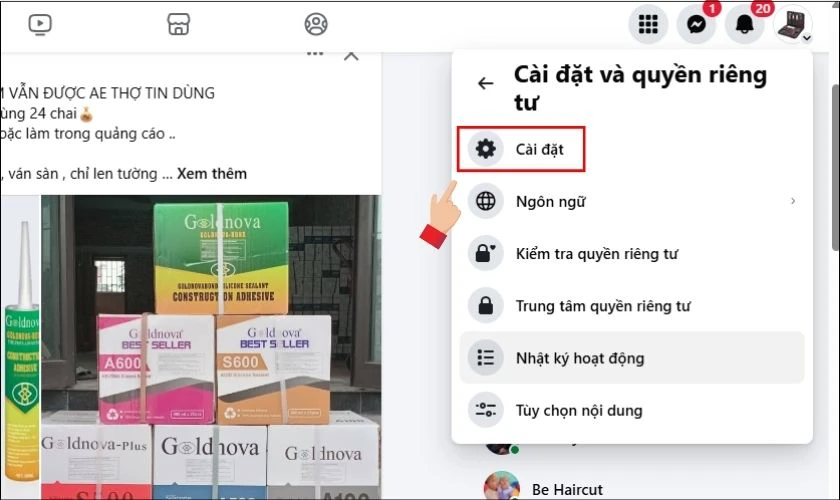 Nhấn v&agrave;o C&agrave;i đặt để mở trang quản l&yacute; t&agrave;i khoản Facebook