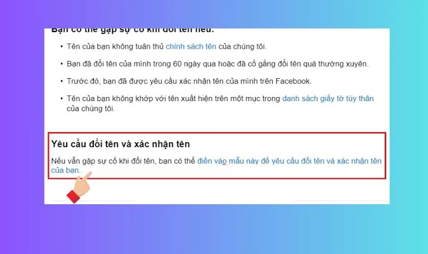 K&eacute;o xuống phần Y&ecirc;u cầu đổi t&ecirc;n v&agrave; x&aacute;c nhận t&ecirc;n