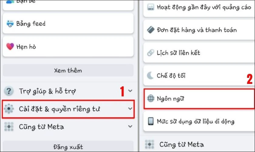 Nhấn v&agrave;o C&agrave;i đặt & Quyền ri&ecirc;ng tư, chọn mục Ng&ocirc;n ngữ