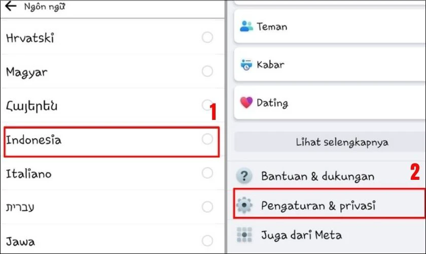 Đổi sang ng&ocirc;n ngữ Indonesia, sau đ&oacute; chọn Pengaturan & Privasi