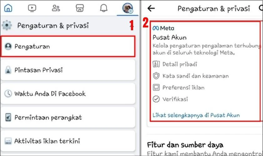 Nhấn v&agrave;o Pengaturan, nhấn v&agrave;o Pusat Akun