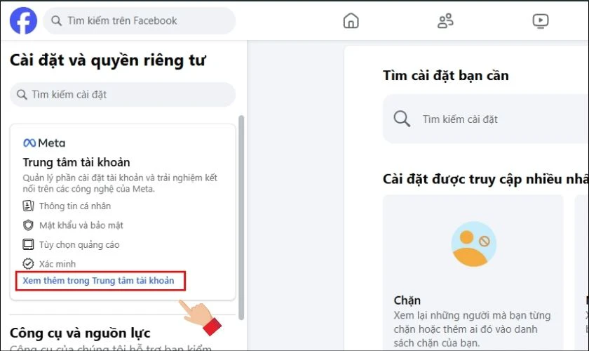 T&igrave;m v&agrave; chọn mục Xem th&ecirc;m trong Trung t&acirc;m t&agrave;i khoản