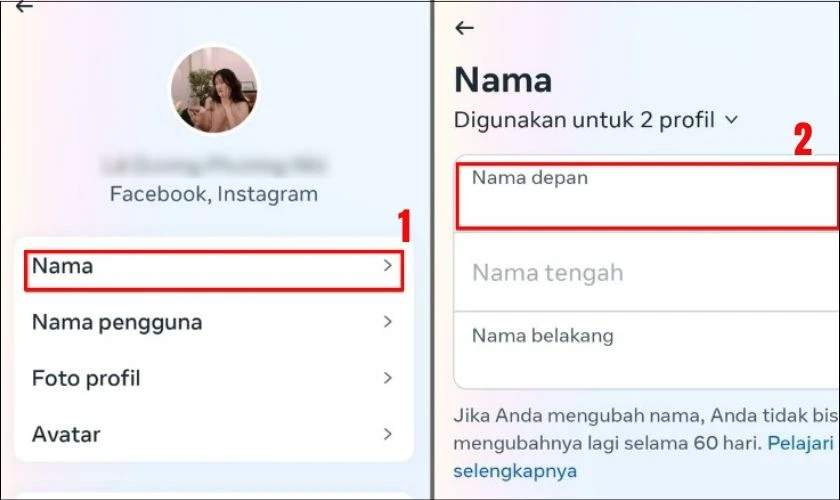 Nhấn v&agrave;o Nama (T&ecirc;n) để v&agrave;o giao diện đổi t&ecirc;n
