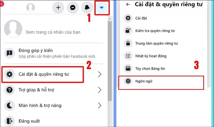 Chọn v&agrave;o mục C&agrave;i đặt & quyền ri&ecirc;ng tư, chọn v&agrave;o mục Ng&ocirc;n ngữ