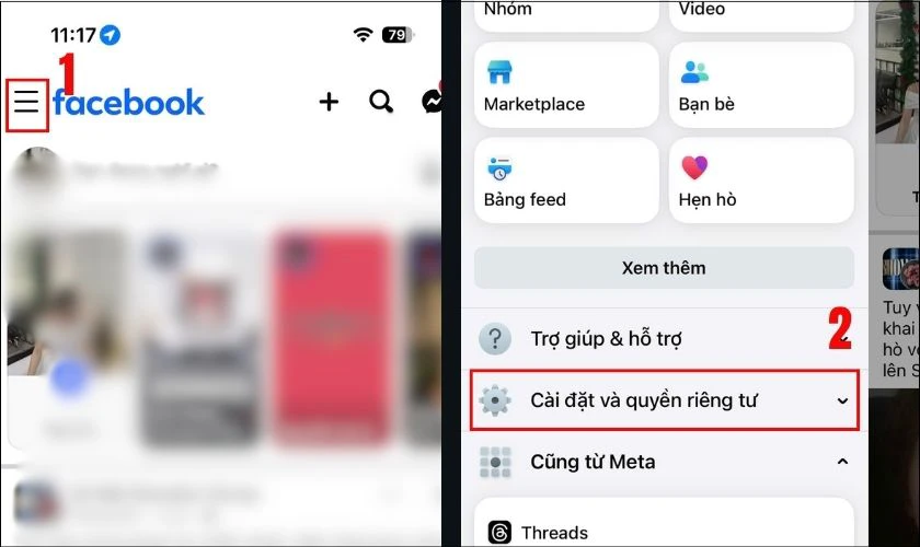 V&agrave;o menu, chọn C&agrave;i đặt & quyền ri&ecirc;ng tư