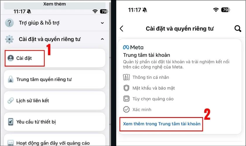 Nhấn v&agrave;o C&agrave;i đặt, sau đ&oacute; chọn Xem th&ecirc;m trong Trung t&acirc;m t&agrave;i khoản