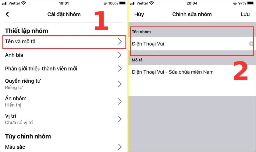 Thiết lập nh&oacute;m, bạn chọn T&ecirc;n v&agrave; m&ocirc; tả