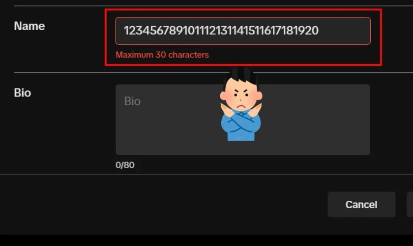 Tên TikTok vượt quá giới hạn ký tự