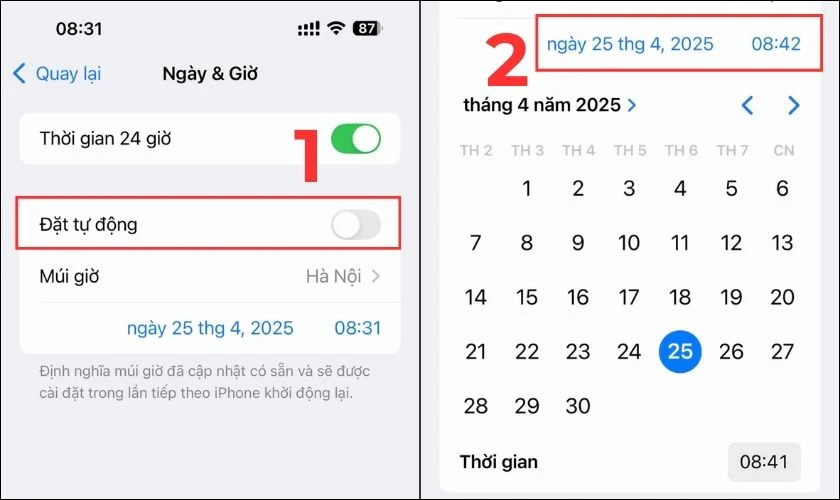 Tắt mục Đặt tự động và chọn vào thời gian xuất hiện