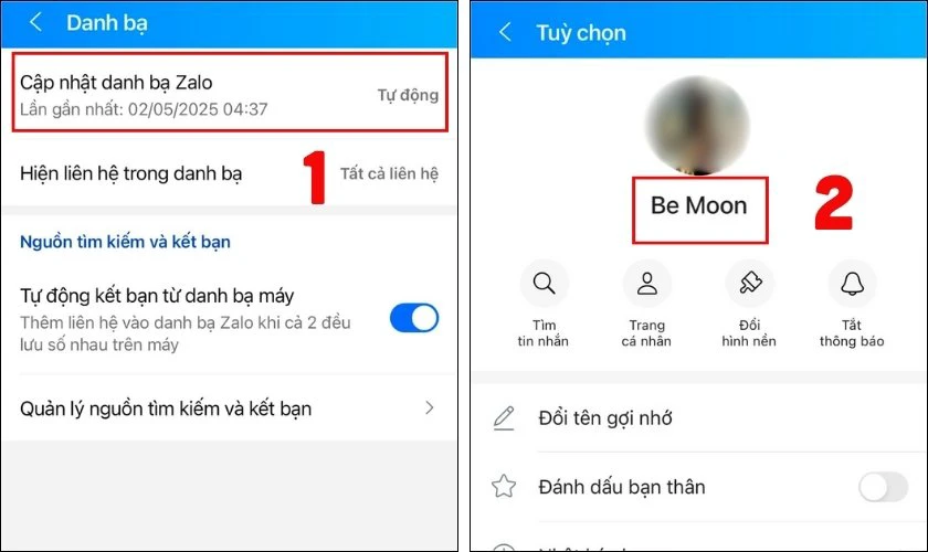 Nhấn Cập nhật danh bạ để đồng bộ t&ecirc;n mới