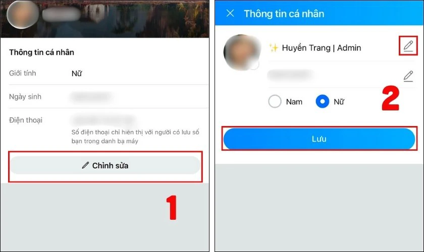 Chọn Th&ocirc;ng tin, nhấn biểu tượng Chỉnh sửa cạnh t&ecirc;n