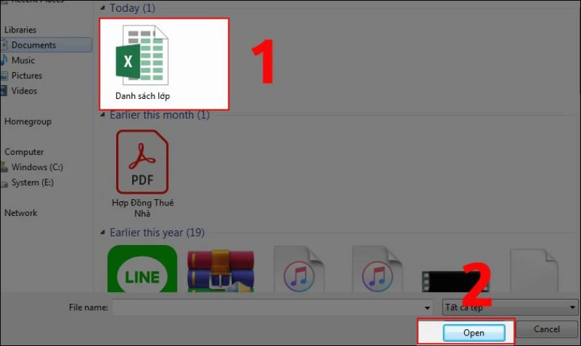Bạn nhấn vào file Excel cần tải và chọn Open (Mở)
