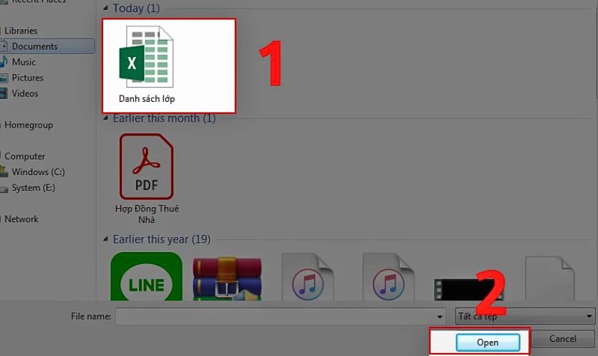 Bạn nhấn vào file Excel cần tải và bấm Open (Mở) để tải file Excel lên Google Drive