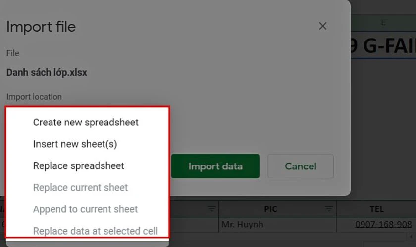 Tại giao diện, bạn có thể lựa chọn Create new spreadsheet, Insert new sheets,...