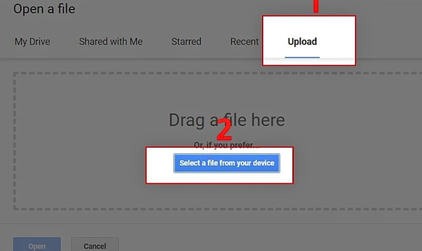 Bạn hãy nhấn tiếp vào mục Upload (Tải lên) và chọn Select a file from your device