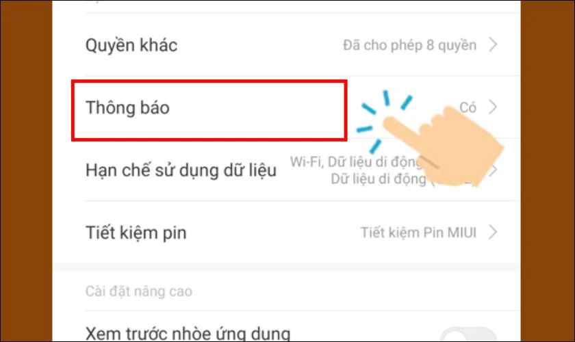 Tiếp tục vào mục Thông báo