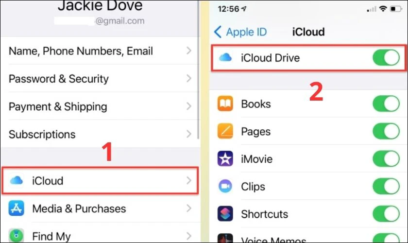 Chọn iCloud rồi gạt công tắc sang bên phải ở mục iCloud Drive