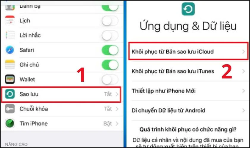 Chọn Khôi phục từ bản sao lưu iCloud trong Sao lưu
