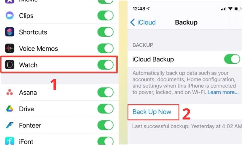 Gạt và nhấn vào Back Up Now để sao lưu dữ liệu