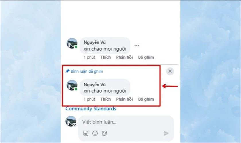 Nhấn v&agrave;o mục Ghim ở ph&iacute;a dưới b&igrave;nh luận